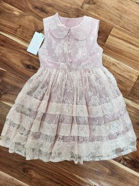 NWT THINK PINK Pink Lace Tiered Kids Dress with Peter Pan Collar Sz 5